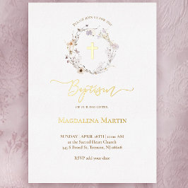 gouden details wilde bloemen met Baptisme Folie Uitnodiging