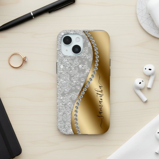 Gouden Diamant Bling Persoonlijk Script iPhone 15 Case