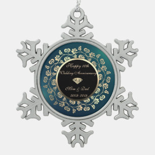 Gouden diamant, bloemgroene 10e trouwverjaardag tin sneeuwvlok ornament