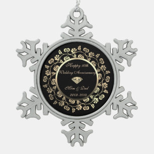Gouden diamant, bloemig 10e trouwjubileum tin sneeuwvlok ornament