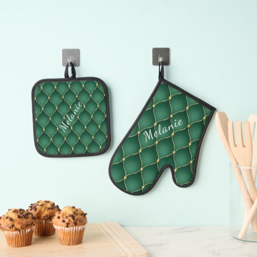 Gouden Diamant Donkere Smaragd Groene Aangepaste N Ovenwant & Pannenlap Set (Insitu(Ophanging))