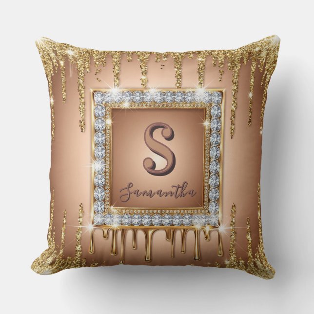 Gouden diamant frame monogram kwadraat glitters kussen (Voorkant)