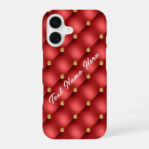 Gouden diamant gestikt leren aangepaste tekst naam iPhone 16 hoesje