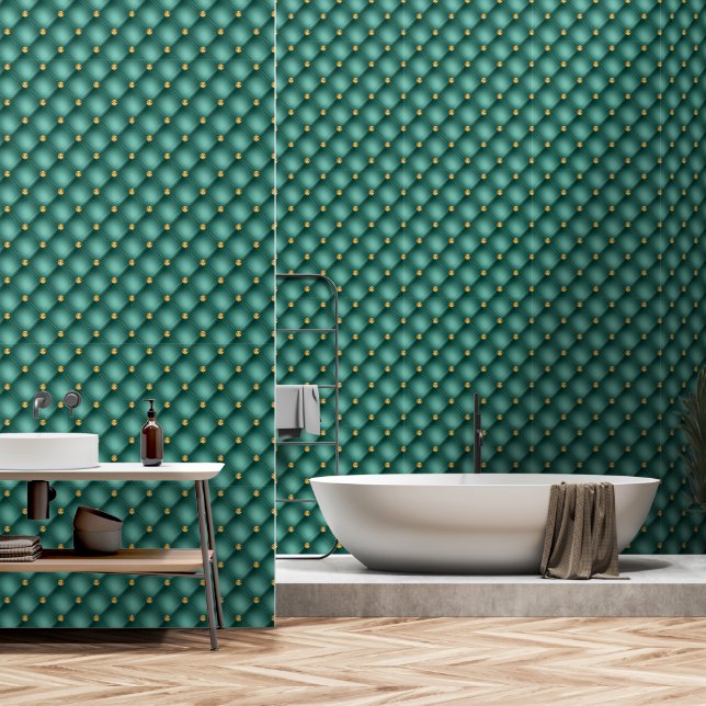 Gouden diamant getuft Blauwgroen Behang (Badkamer)