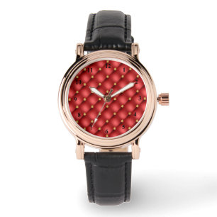 Gouden diamant getuft lederen horloge met rode kle