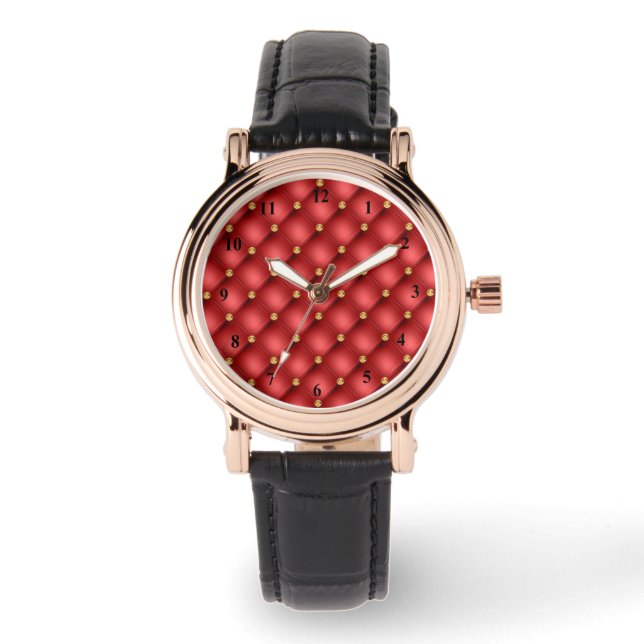 Gouden diamant getuft lederen horloge met rode kle (Voorkant)