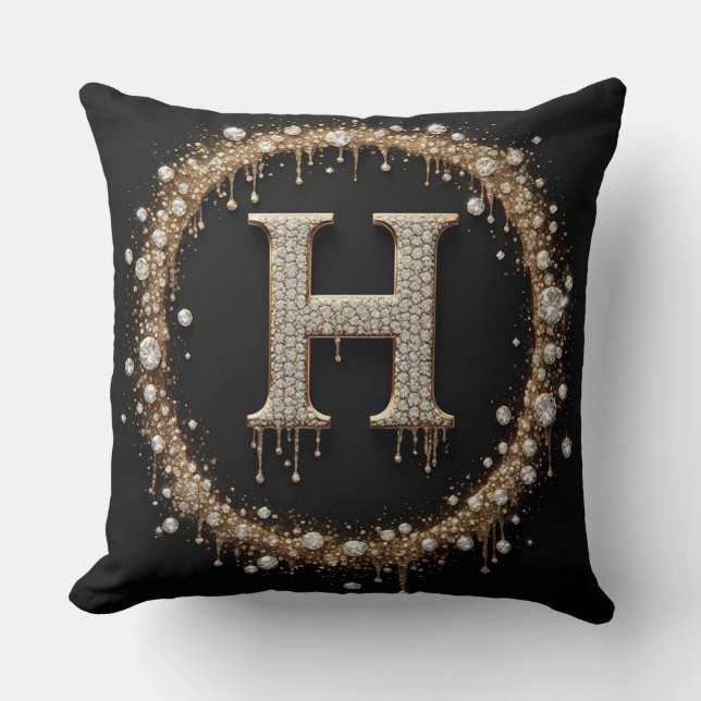 Gouden Diamant H Letter Monogram Kussen (Voorkant)