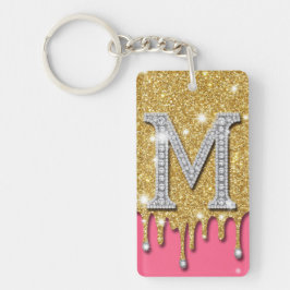 Gouden Diamant Initiaal M Roze Achtergrond Cadeaub Sleutelhanger