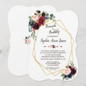 Gouden Diamant Merlot Navy Blauwe Bloemige Bruilof Kaart (Voorkant / Achterkant)