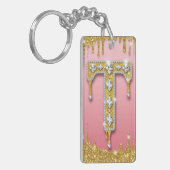 Gouden Diamant Monogram Letter T Roze Cadeaubon Id Sleutelhanger (Voorkant Links)