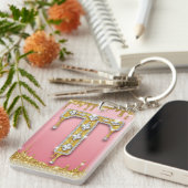 Gouden Diamant Monogram Letter T Roze Cadeaubon Id Sleutelhanger (Voorkant Rechts)