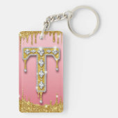 Gouden Diamant Monogram Letter T Roze Cadeaubon Id Sleutelhanger (achterkant)