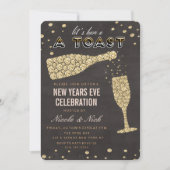 Gouden Diamant Wijnglas Nieuwjaar Eve Uitnodiging (Voorkant)