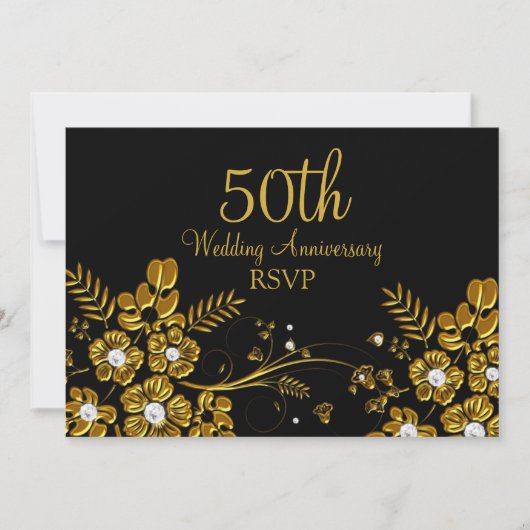 Gouden Diamanten Bloem Swirl 50ste Verjaardag RSVP Kaart (Voorkant)