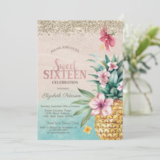 Gouden Diamanten, Bloemen Ananas Strand Zoet 16 Kaart (Staand voorkant)