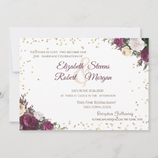 Gouden Diamanten Bourgondiër Bloem Bruiloft Kaart (Voorkant)