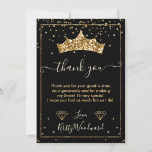 Gouden diamanten confetti tiara Sweet 16 Bedankkaart