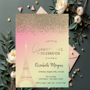 Gouden diamanten, Eiffeltoren Ombre Quinceañera Kaart