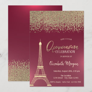 Gouden Diamanten, Eiffeltoren Rode Quinceanera Kaart