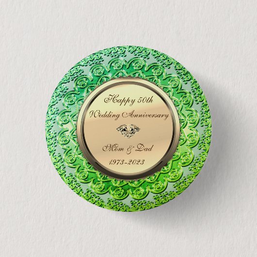 Gouden Diamanten Groene 50ste Huwelijksverjaardag Ronde Button 3,2 Cm (Voorkant)