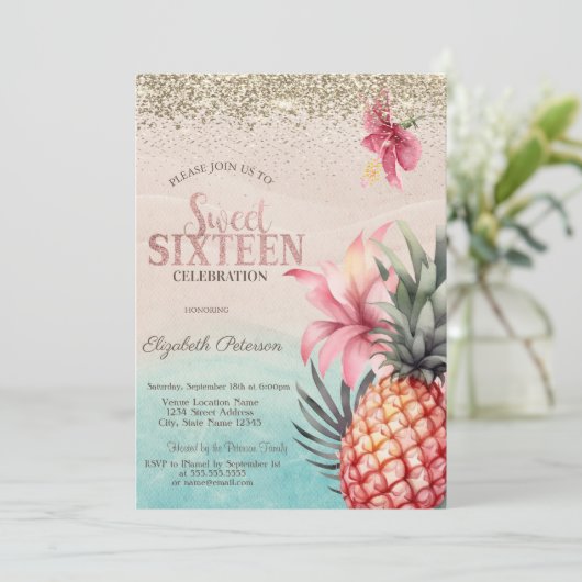 Gouden Diamanten, Hibiscus Ananas Strand Zoet 16 Kaart (Staand voorkant)