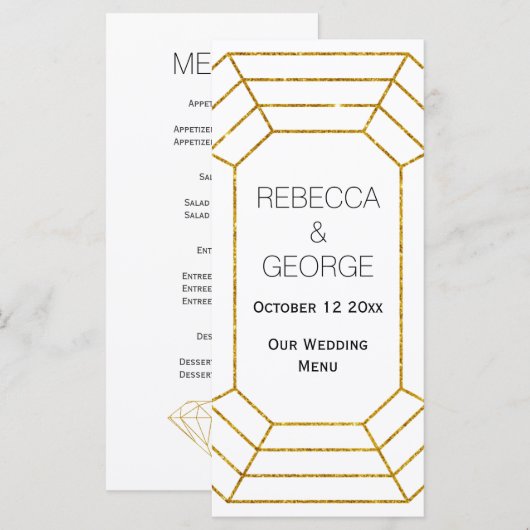 Gouden diamanten juweel trendy bruiloft menukaart (Voorkant / Achterkant)