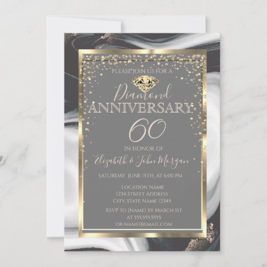 Gouden diamanten kader marmeren bruiloft jubileum kaart (Voorkant)