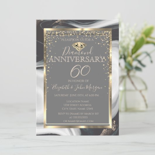 Gouden diamanten kader marmeren huwelijksjubileum kaart (Staand voorkant)