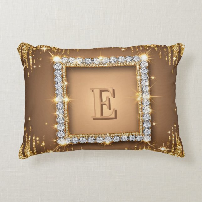 ✨ Gouden Diamanten Monogram Aangepaste Naam Ontwer Accent Kussen (Voorkant)