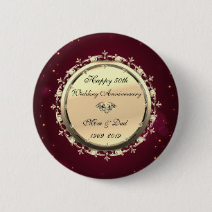 Gouden Diamanten Rood 50ste Huwelijksjubileum Ronde Button 5,7 Cm