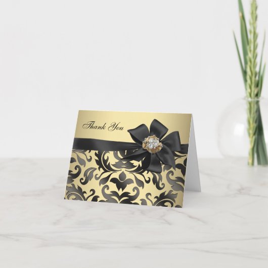 Gouden Diamanten Zwart Damast Dank u Kaarten (Voorkant)