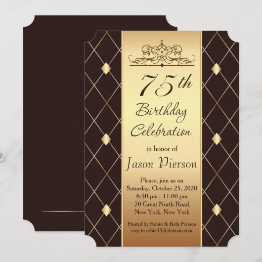 Gouden diamantpatroon op bruin 75e verjaardagsfees kaart (Voorkant / Achterkant)