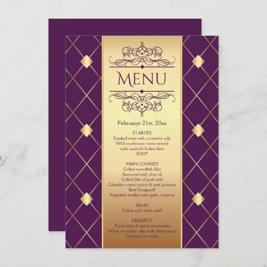 Gouden diamantpatroon op paarse Trouw Menu Kaart (Voorkant / Achterkant)