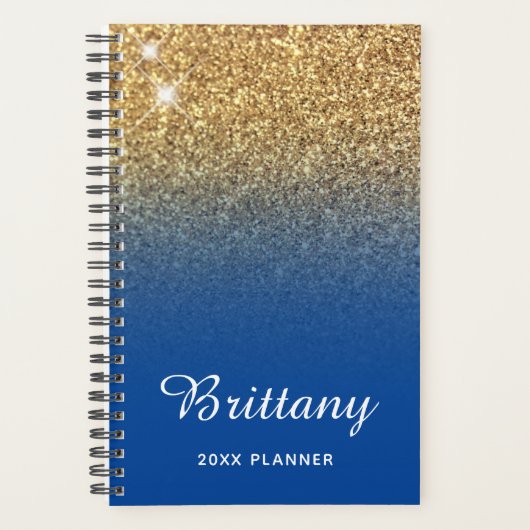 Gouden diepblauwe glitters ombre gepersonaliseerd planner (Voorkant)
