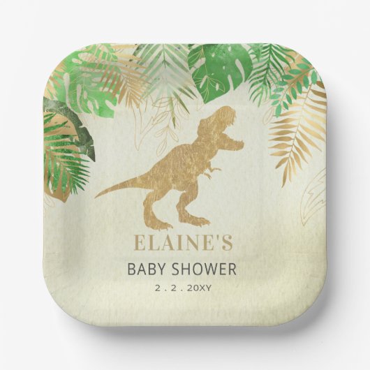 Gouden Dinosaurus Baby shower Bedankt Papieren Bordje (Voorkant)