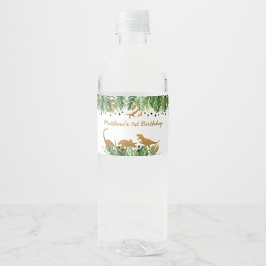 Gouden Dinosaurus Safari Verjaardag Waterfles Etiket (Voorkant)