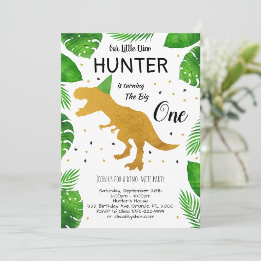 Gouden Dinosaurus Verjaardag uitnodiging (Staand voorkant)