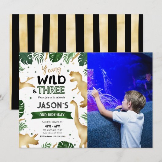 Gouden Dinosaurus Verjaardagsfeestfoto Kaart (Voorkant / Achterkant)