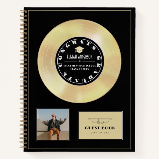 Gouden Disc Vinyl Zwart Afstuderen Gastboek Notitieboek (Voorkant)