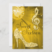 Gouden Disco Bal en Sparkle Heels Sweet 16 Kaart (Voorkant)