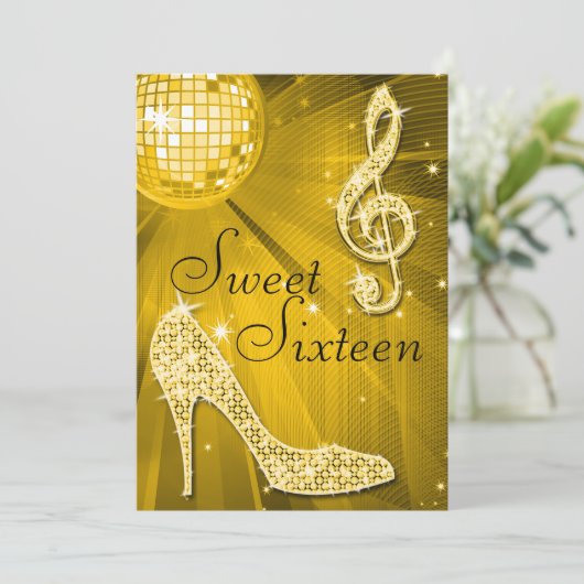 Gouden Disco Bal en Sparkle Heels Sweet 16 Kaart (Staand voorkant)