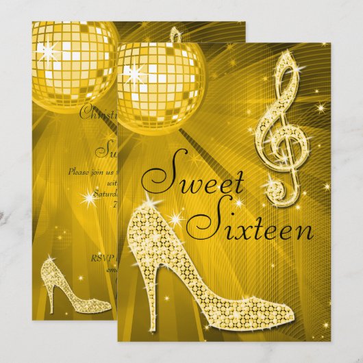Gouden Disco Bal en Sparkle Heels Sweet 16 Kaart (Voorkant / Achterkant)