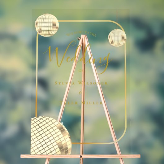 Gouden Disco Bal Huwelijk Welkom Acryl Bord (Neutraal)