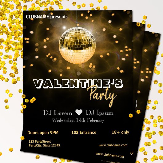 Gouden Disco Bal Valentijnsdag Feest Flyer
