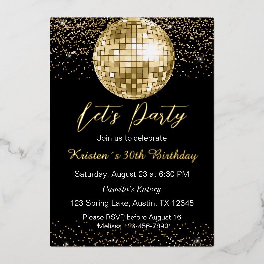 Gouden Discobal Let's Party Verjaardag Folie Uitnodiging (Voorkant)
