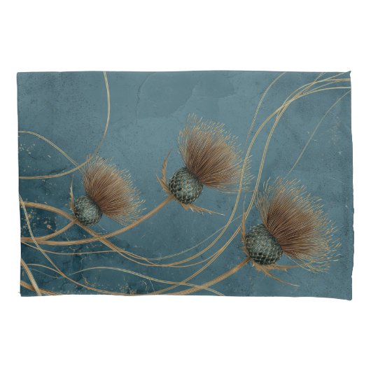 Gouden Distel Teal Blauwe Textuur Elegantie Kussensloop (Voorkant)