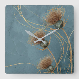 Gouden Distel Teal Blauwe Textuur Elegantie Vierkante Klok