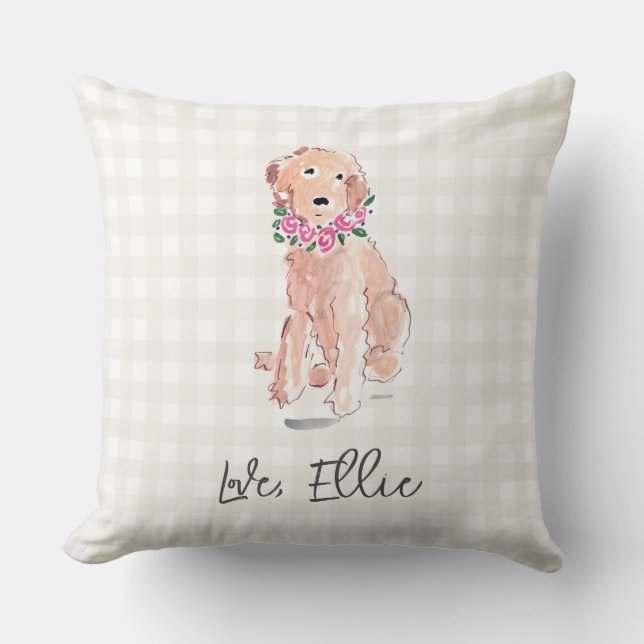 Gouden Doodle Art Dog Bloemen Liefde NAAM Gingham Kussen (Voorkant)