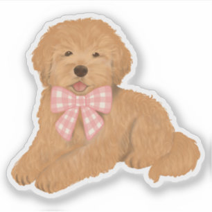 Gouden Doodle met Roze Gingham Strik Feest Favor Sticker