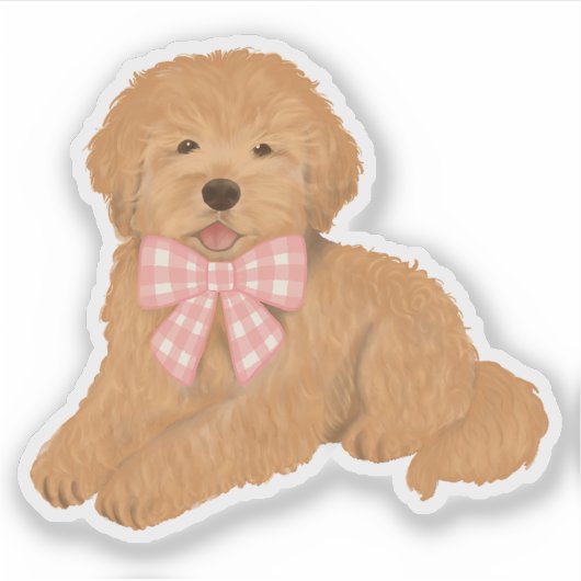 Gouden Doodle met Roze Gingham Strik Feest Favor Sticker (Voorkant)
